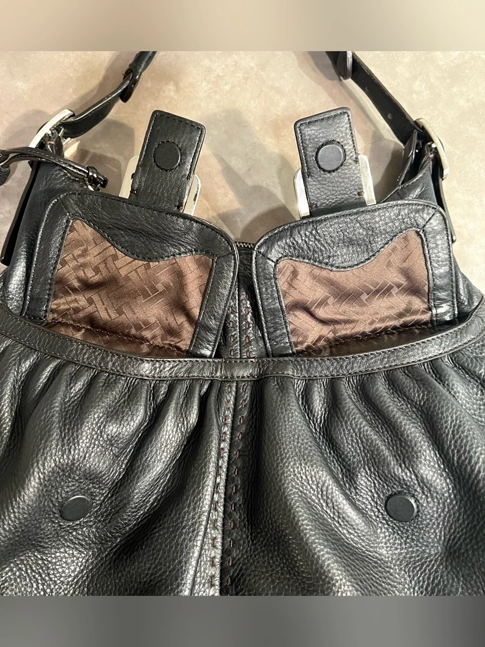 ✨COLE HAAN Y2K Large Black Leather Hobo Slouchy Shoulder Bag Buckles Pockets Zip